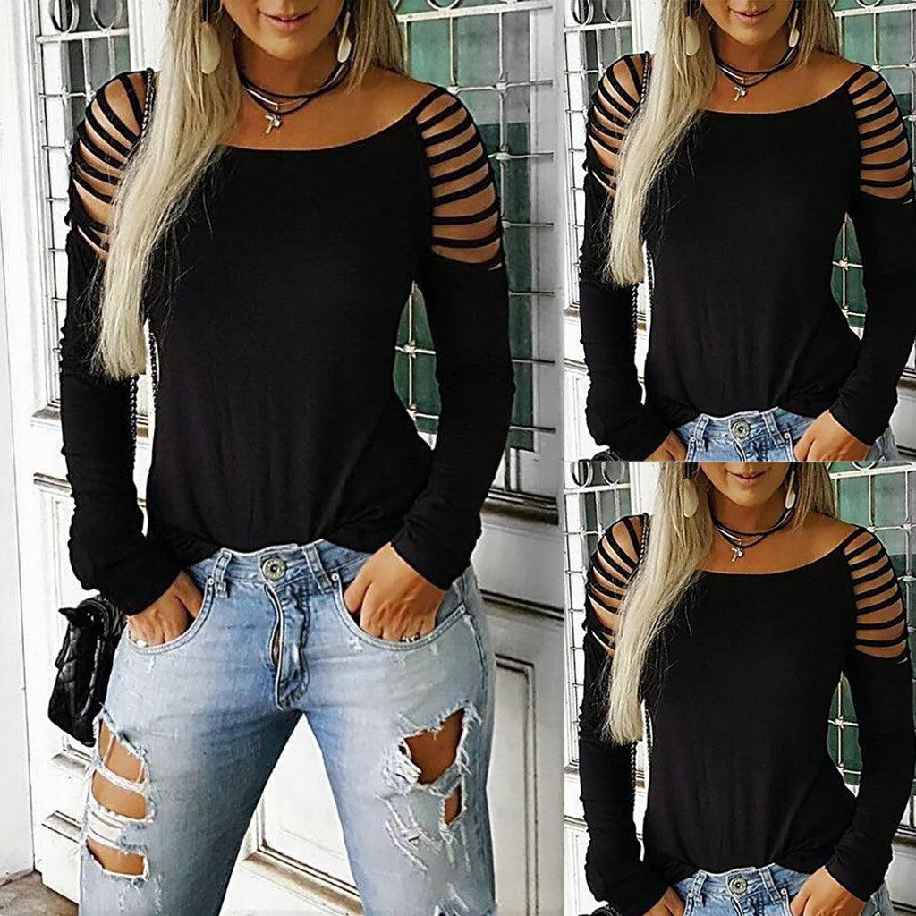 Sexy Blouses For Women Summer Casual Cut Out Tunic Streetwear Hollow Out Tops solid color Long sleeve Pullover Ladies Shirts - Torrster