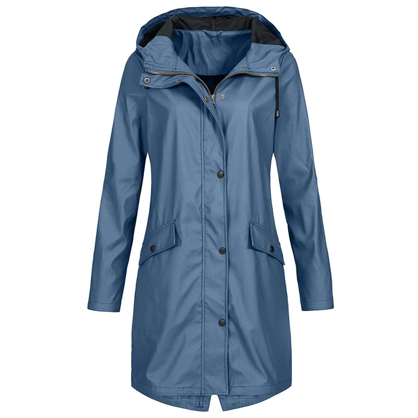 Fashion Women Hooded Trench Coat Casual Lady Waterproof Windproof Long Jacket Buttons Zipper Coats Female Long Sleeve Outerwear - Torrster