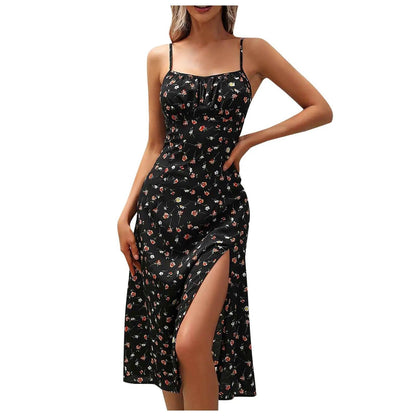 Casual Lace-Up Floral Print Summer Dress Sexy Strappy Hight Split Boho Dresses Backless Holiday Sundresses Women Robe Femme - Torrster