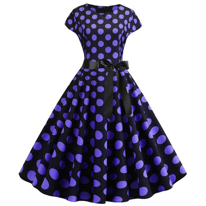 Women Vintage 1950s 60s Polka Dot Print High Waist A-line Swing Party Dress Retro Short Sleeve With Belt Evening Prom Dress - Torrster