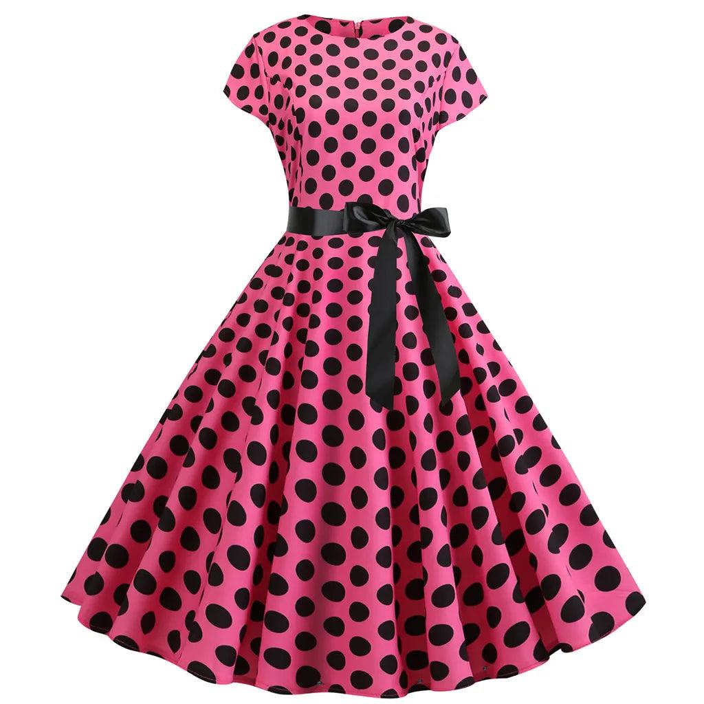 Women Vintage 1950s 60s Polka Dot Print High Waist A-line Swing Party Dress Retro Short Sleeve With Belt Evening Prom Dress - Torrster