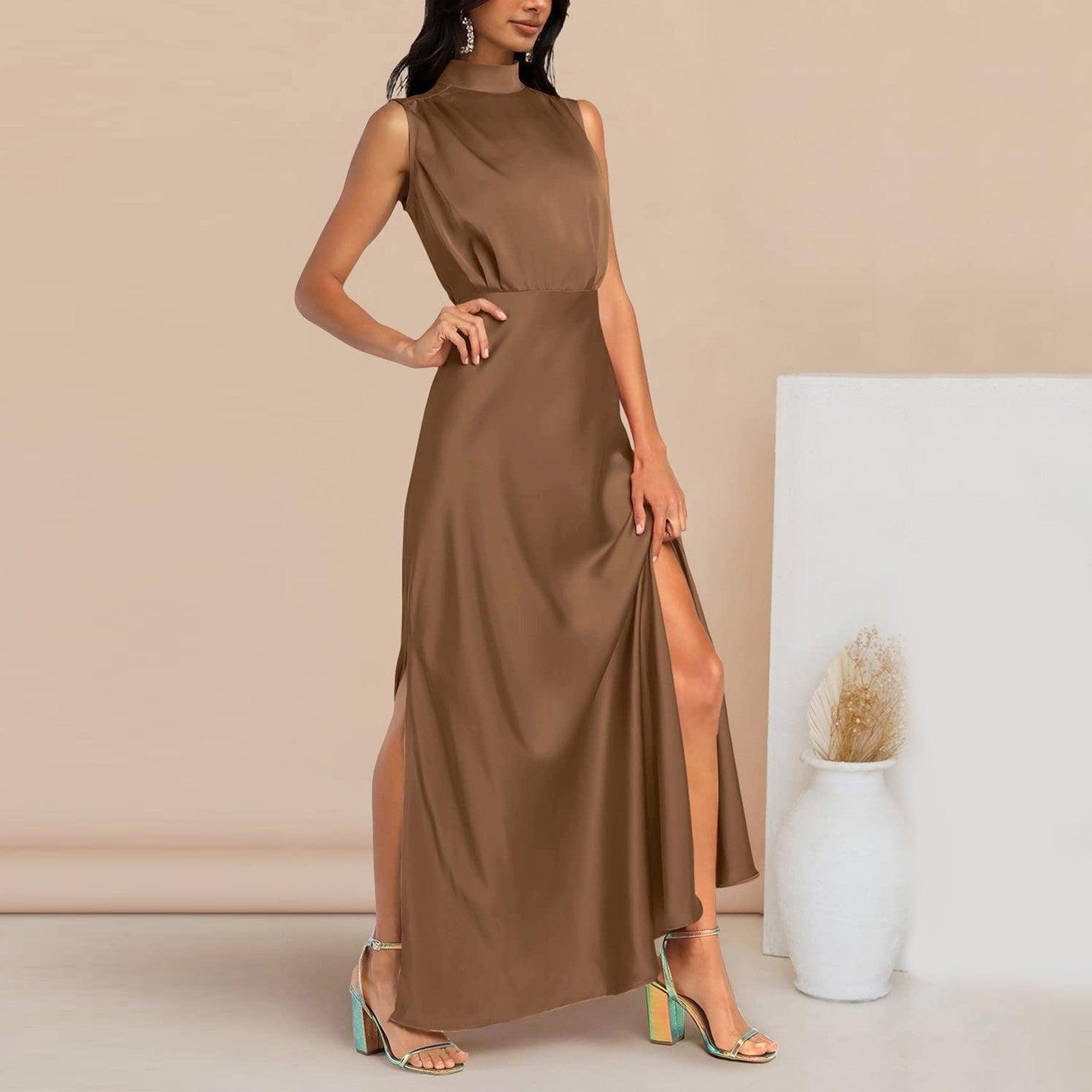 Summer Elegant Women Summer Long Formal Satin Dresses Mock Neck Sleeveless Side Slit Flowy Maxi Tank Dresses Woman Party Night - Torrster