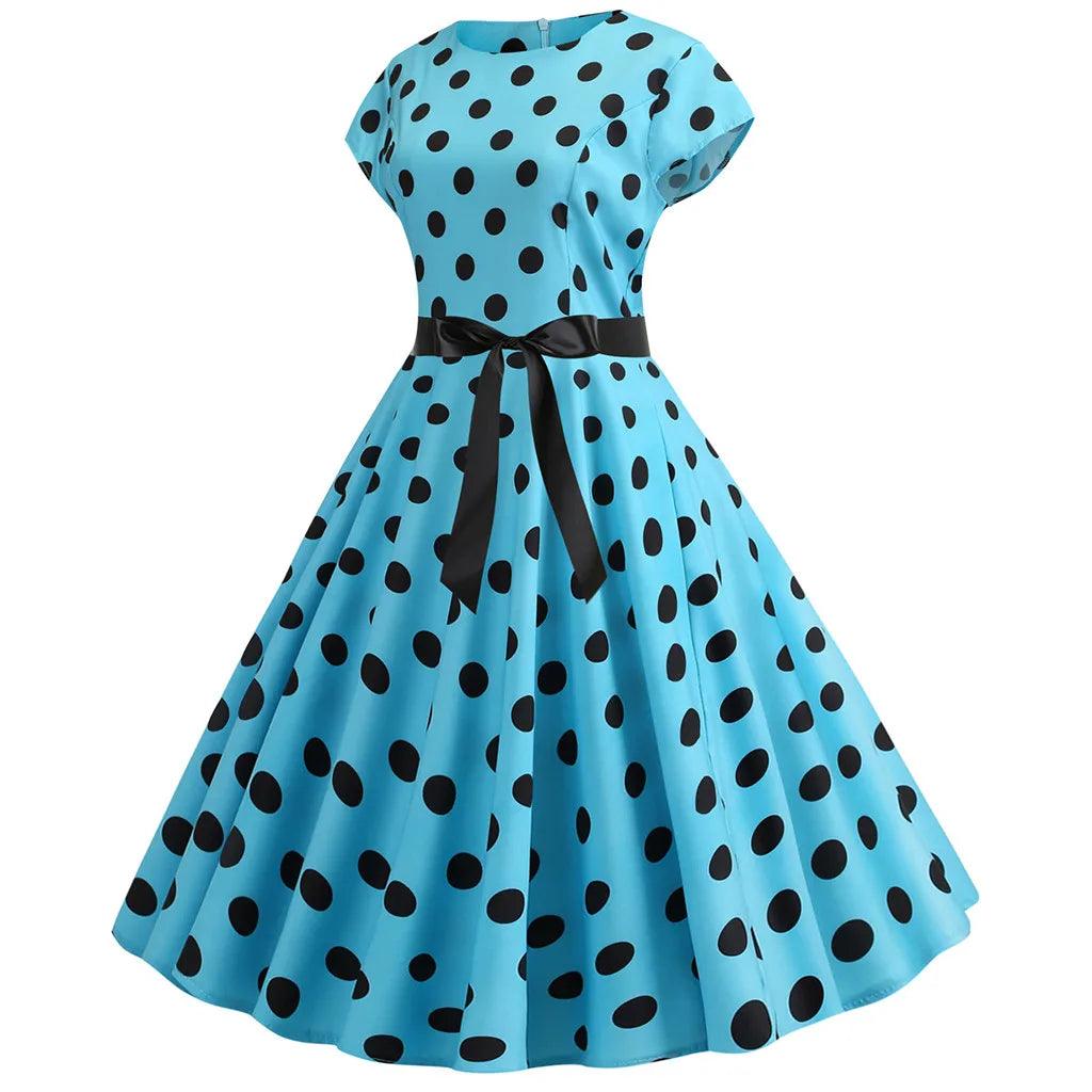 Women Vintage 1950s 60s Polka Dot Print High Waist A-line Swing Party Dress Retro Short Sleeve With Belt Evening Prom Dress - Torrster