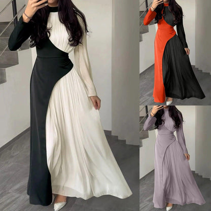 Women'sElegant Patchwork Long Dress Spring Half High Neck Long Sleeve A-Line Maxi Dress Female Slim Waist Party Club Dresses - Torrster