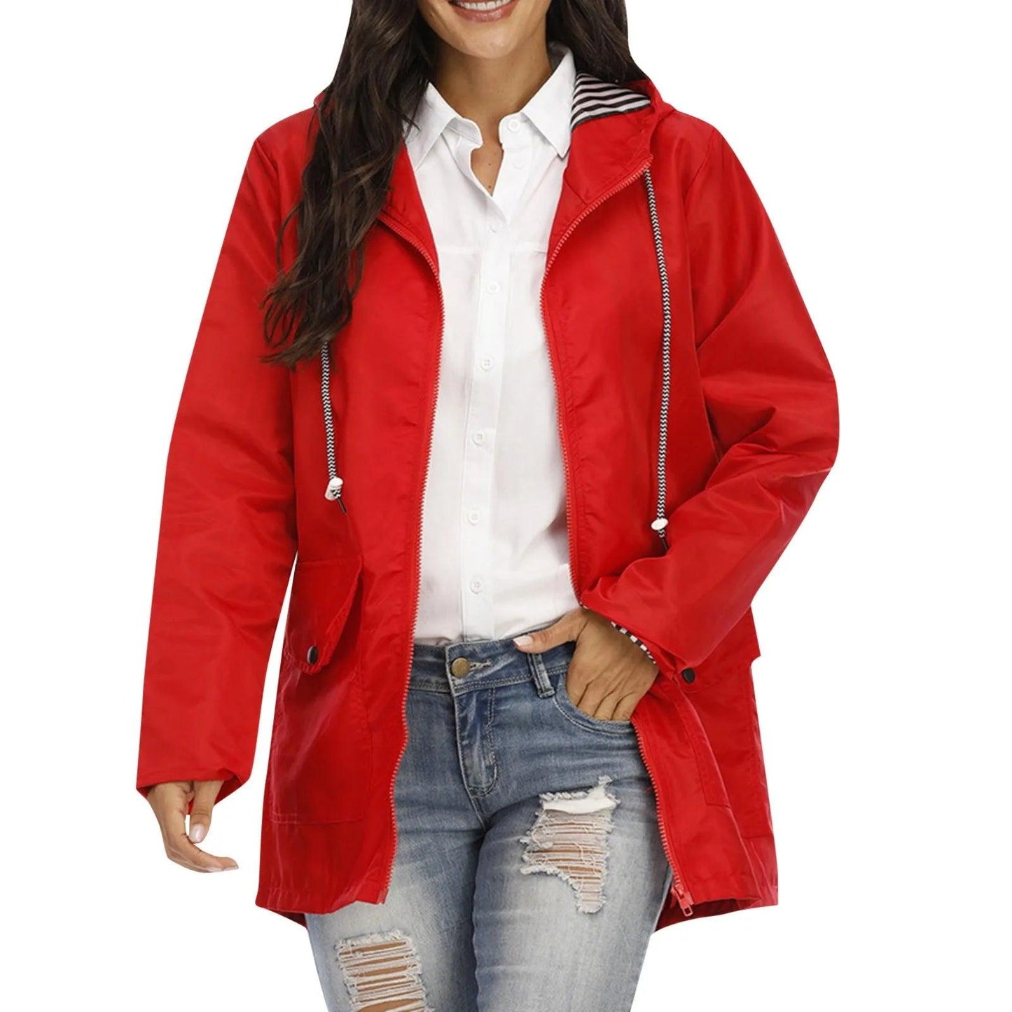 Women Solid Rain Jacket Outdoor Plus Size Hooded Windproof Loose Coat Women's Athletic Jackets - Torrster