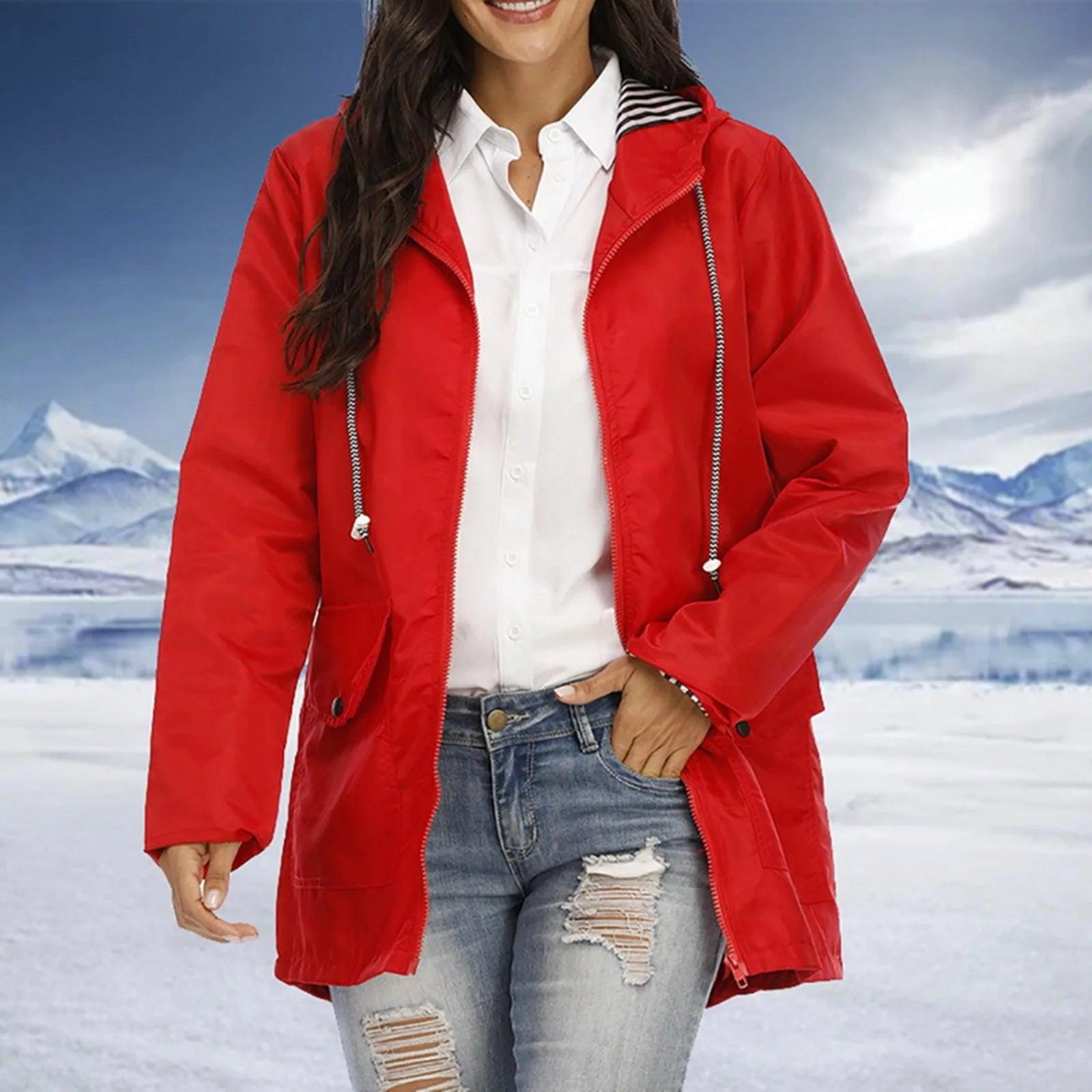 Women Solid Rain Jacket Outdoor Plus Size Hooded Windproof Loose Coat Women's Athletic Jackets - Torrster