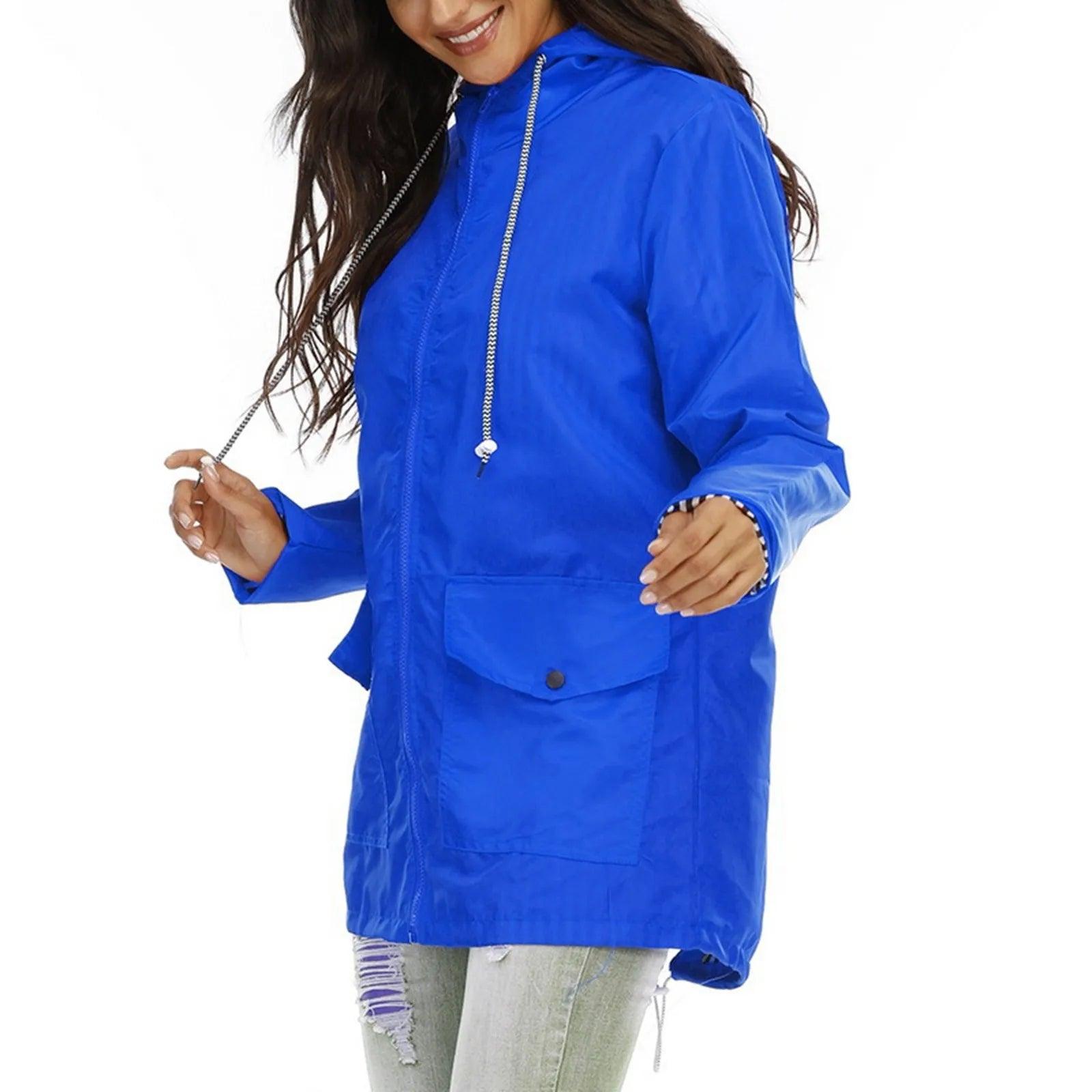 Women Solid Rain Jacket Outdoor Plus Size Hooded Windproof Loose Coat Women's Athletic Jackets - Torrster