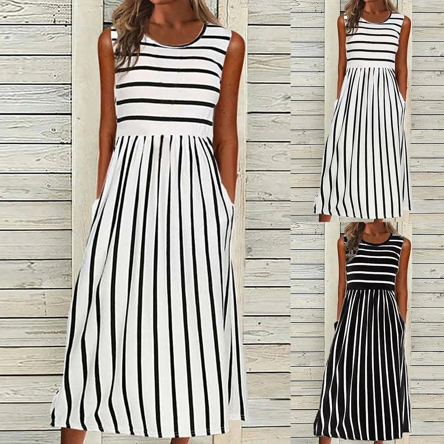 Womens Dresses Women Fashion Casual Striped Print Round Neck Sleeveless Pocket Long Dress Vestidos De Fiesta Elegantes 2024 - Torrster