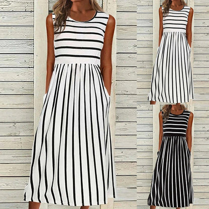 Womens Dresses Women Fashion Casual Striped Print Round Neck Sleeveless Pocket Long Dress Vestidos De Fiesta Elegantes 2024 - Torrster