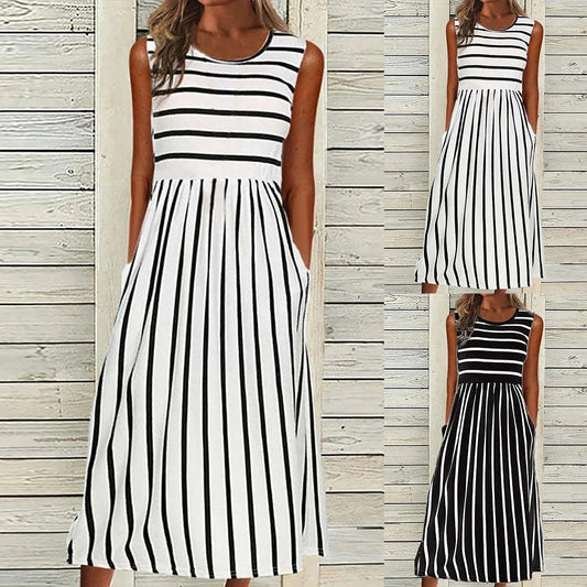 Womens Dresses Women Fashion Casual Striped Print Round Neck Sleeveless Pocket Long Dress Vestidos De Fiesta Elegantes 2024 - Torrster