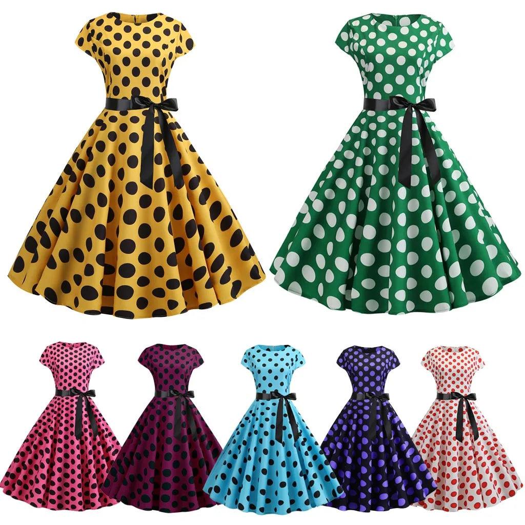 Women Vintage 1950s 60s Polka Dot Print High Waist A-line Swing Party Dress Retro Short Sleeve With Belt Evening Prom Dress - Torrster