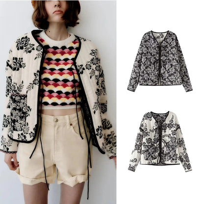 Winter Women Quilted Parka Jacket Fashion Floral Print Cotton Down Coats Lightweight Long Sleeve Warm Padded Outerwear Chaquetas - Torrster