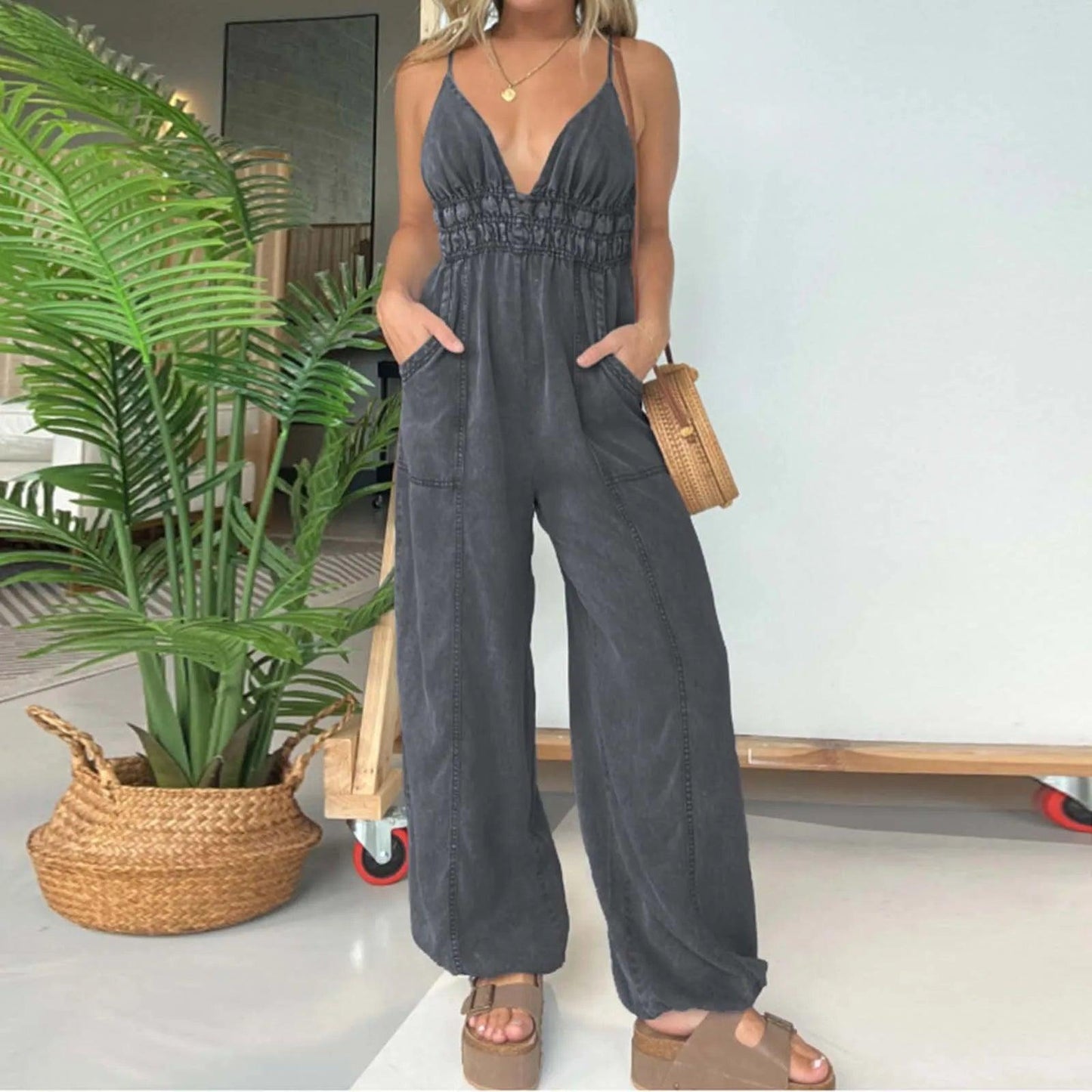 Women's Casual Fashion Denim Jumpsuit Summer Adjustable Waist Loose Fit Wide Leg Playsuit Drawstring Cuffs Backless Jumpsuit - Torrster