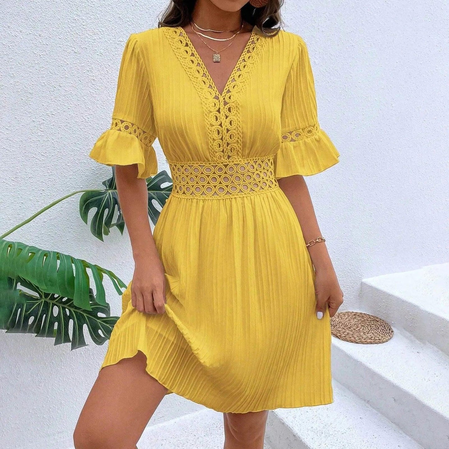 Summer V Neck Women's Dresses Ruffle Short Sleeves High Waist Dress Elegant Female Casual Solid Color Dresses Lace Vestidos - Torrster