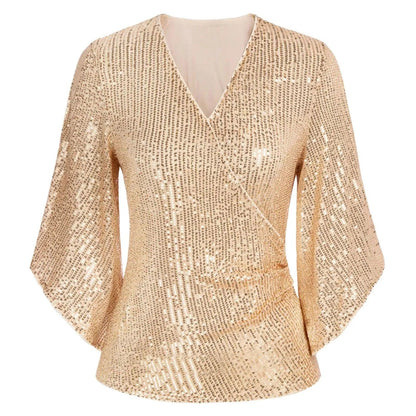 Women Blouse Sequin Tops 3/4 Sleeve Glitter Sparkly Party Blouse V Neck Dressy Tops For Evening Party Thin Chic Blusas Para Muje - Torrster