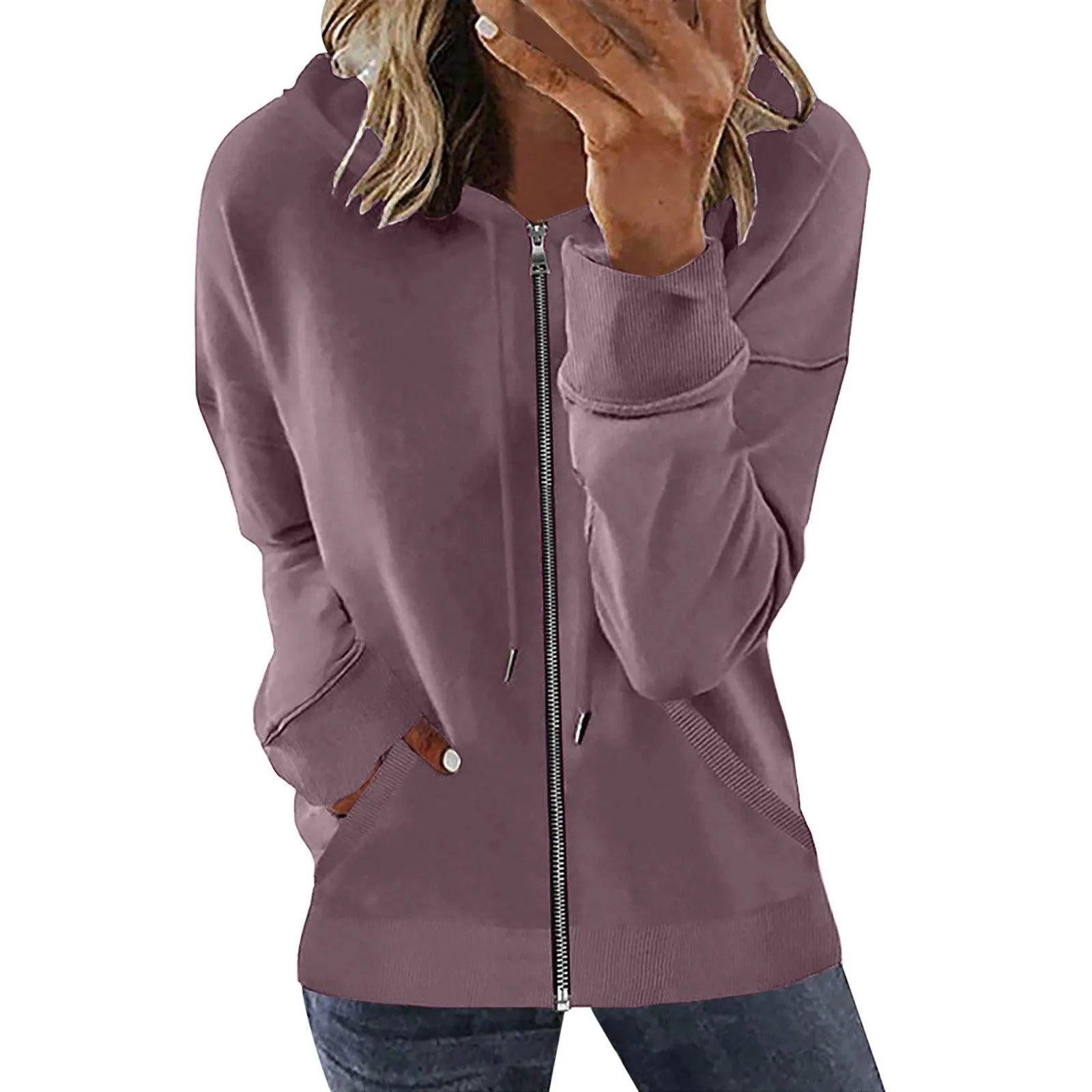 Pocket Long Sleeve Hooded Threaded Sweater Ladies Zipper Top Hooded Zip up Sweatshirt Women Hoodie Casual Oversized Hoodies - Torrster