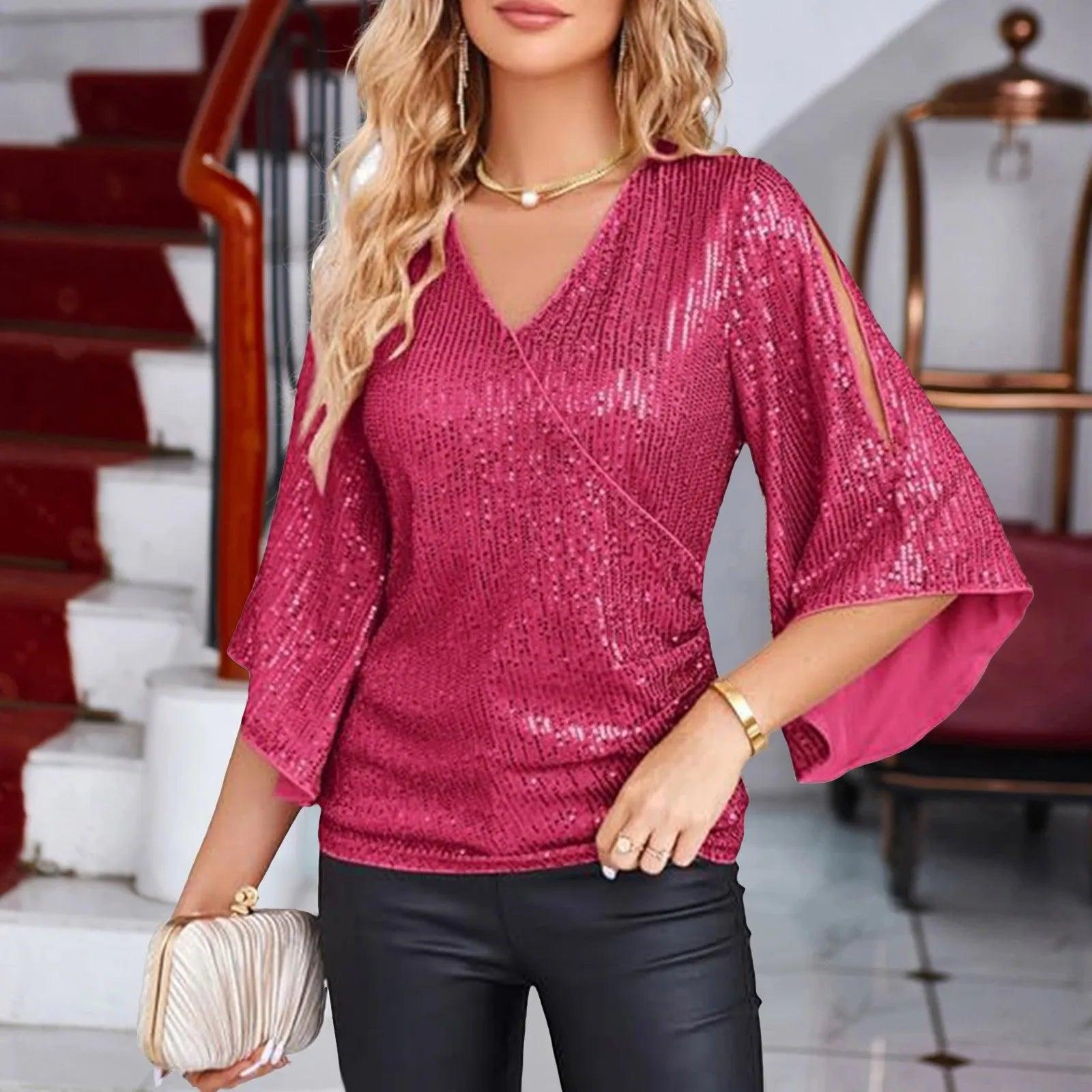 Women Blouse Sequin Tops 3/4 Sleeve Glitter Sparkly Party Blouse V Neck Dressy Tops For Evening Party Thin Chic Blusas Para Muje - Torrster