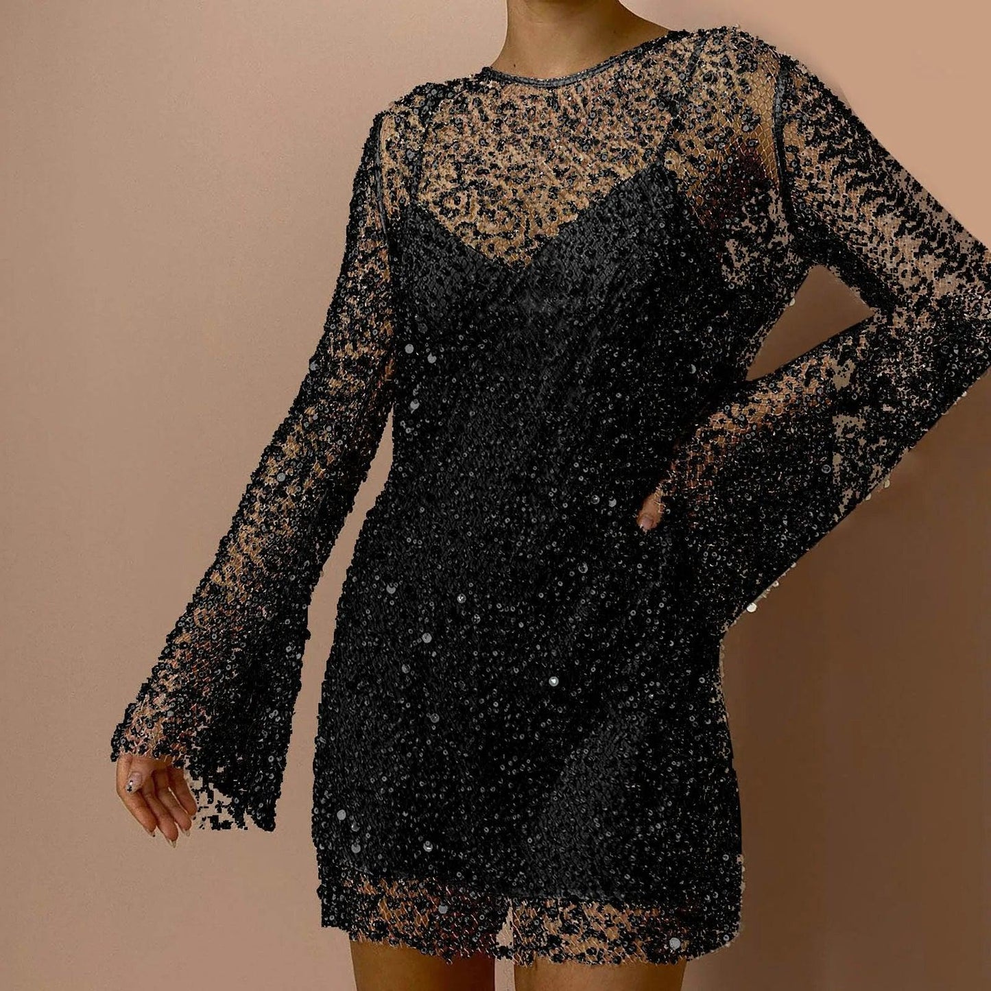 Fashion Sequin Splicing See Through Dress Streetwear Mesh Sexy Two Piece Dresses For Women Party Nightclub Dress Vestidos - Torrster