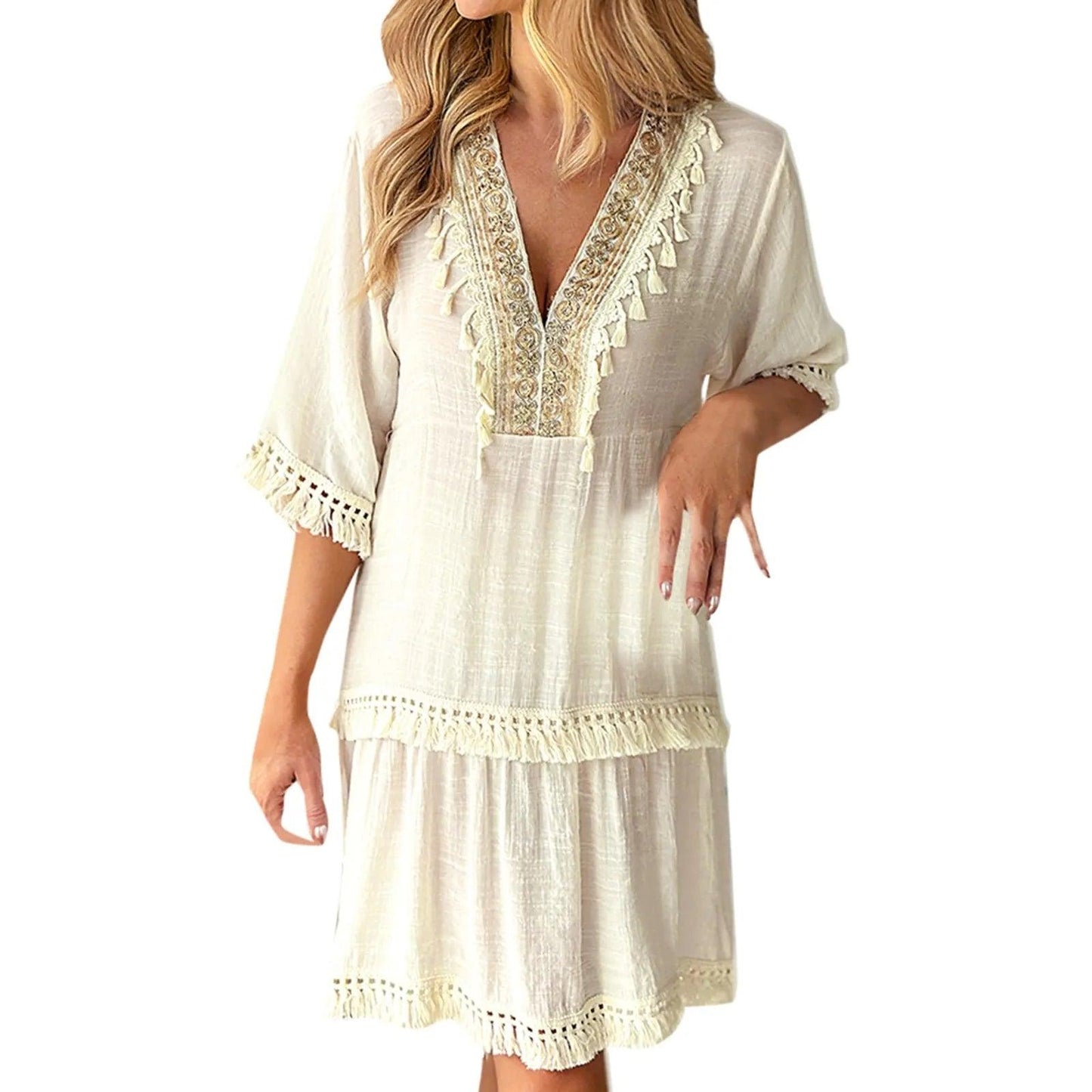 Boho Dress For Women'S Casual Elegant Embroidered V Neck Casual Dresses With Tassle Loose Comfortable Stylish Wrap Maxi Vestidos - Torrster