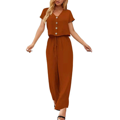 Summer Outfits For Women 2023 Fashion Solid Cotton And Linen Multi Button Top Short Sleeve Pant Sets Casual Ladies Suits - Torrster