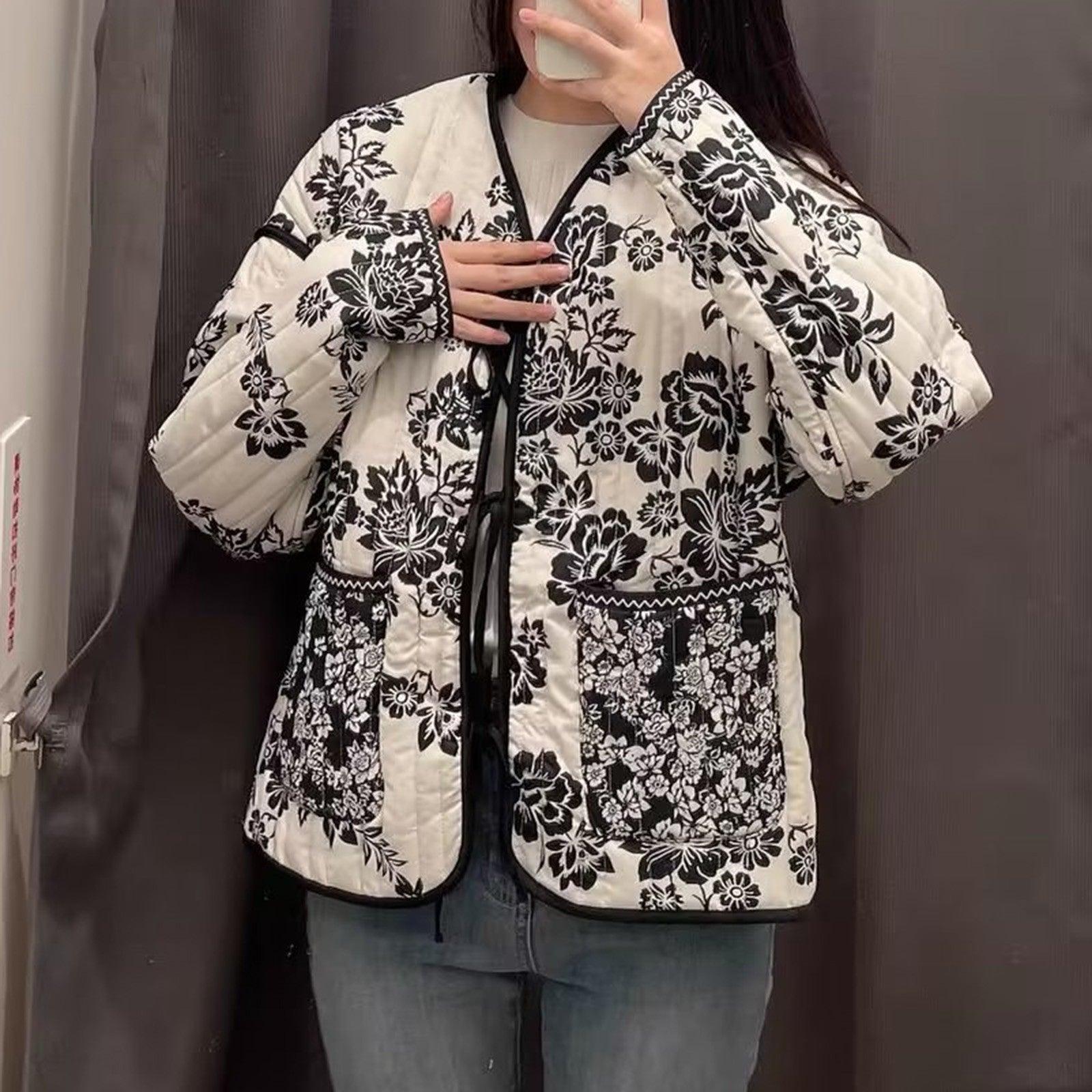 Winter Women Quilted Parka Jacket Fashion Floral Print Cotton Down Coats Lightweight Long Sleeve Warm Padded Outerwear Chaquetas - Torrster