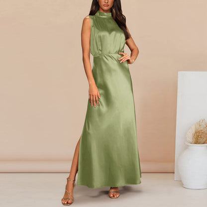 Summer Elegant Women Summer Long Formal Satin Dresses Mock Neck Sleeveless Side Slit Flowy Maxi Tank Dresses Woman Party Night