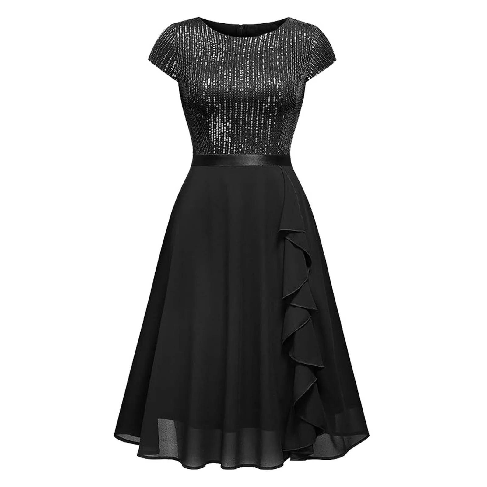 Elegant Ladies Sequin Chiffon Dress Fashion Short Sleeve O-Neck Solid Color Dress For Women All Season Formal Evening Party Gown - Torrster