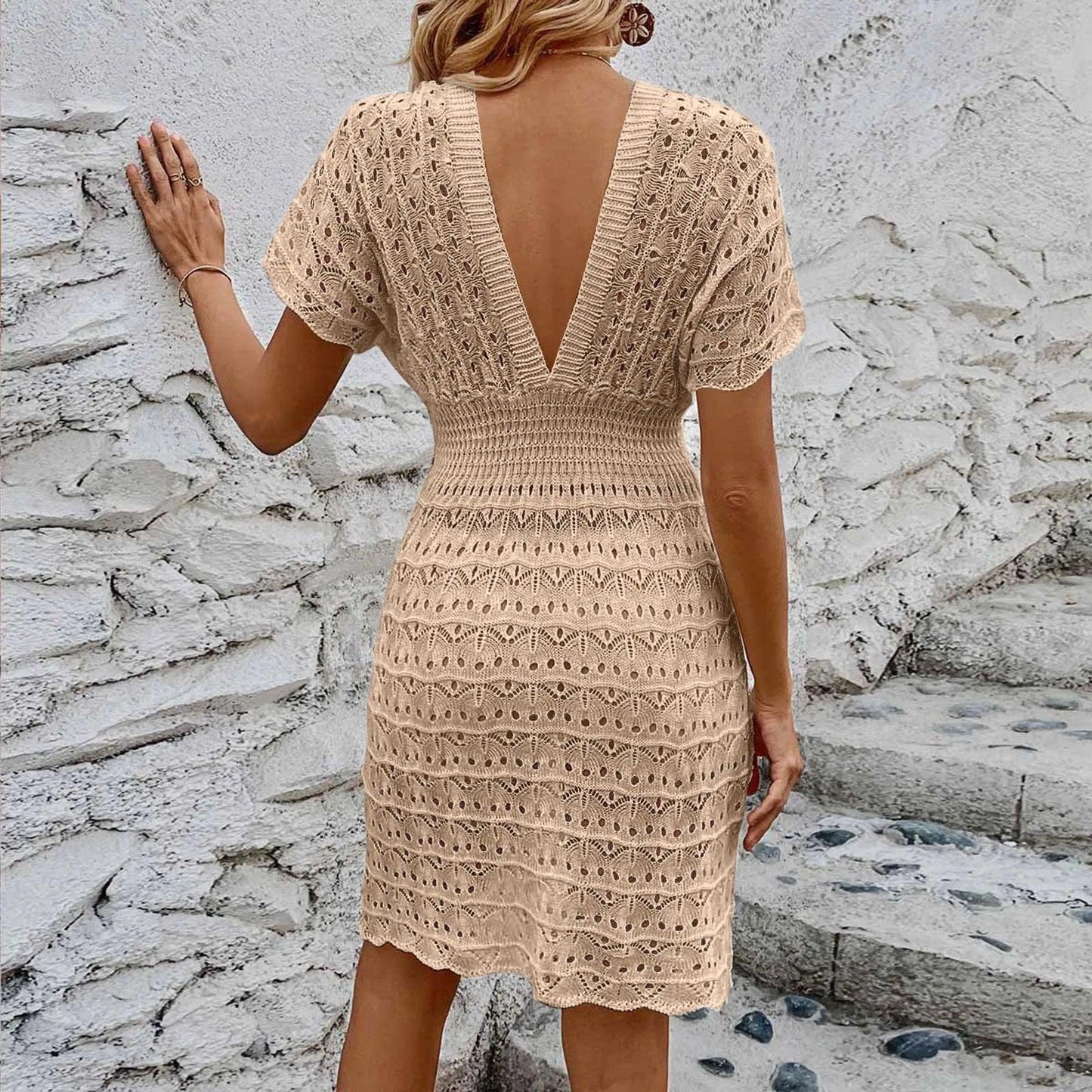 Womens Boho Summer Dresses Deep V Neck Short Sleeve Beach Dress Hollow Knitting Sundress Swimsuit Cover Up Dress - Torrster