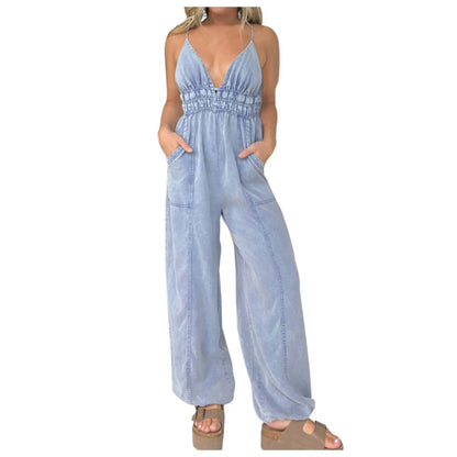 Women's Casual Fashion Denim Jumpsuit Summer Adjustable Waist Loose Fit Wide Leg Playsuit Drawstring Cuffs Backless Jumpsuit - Torrster