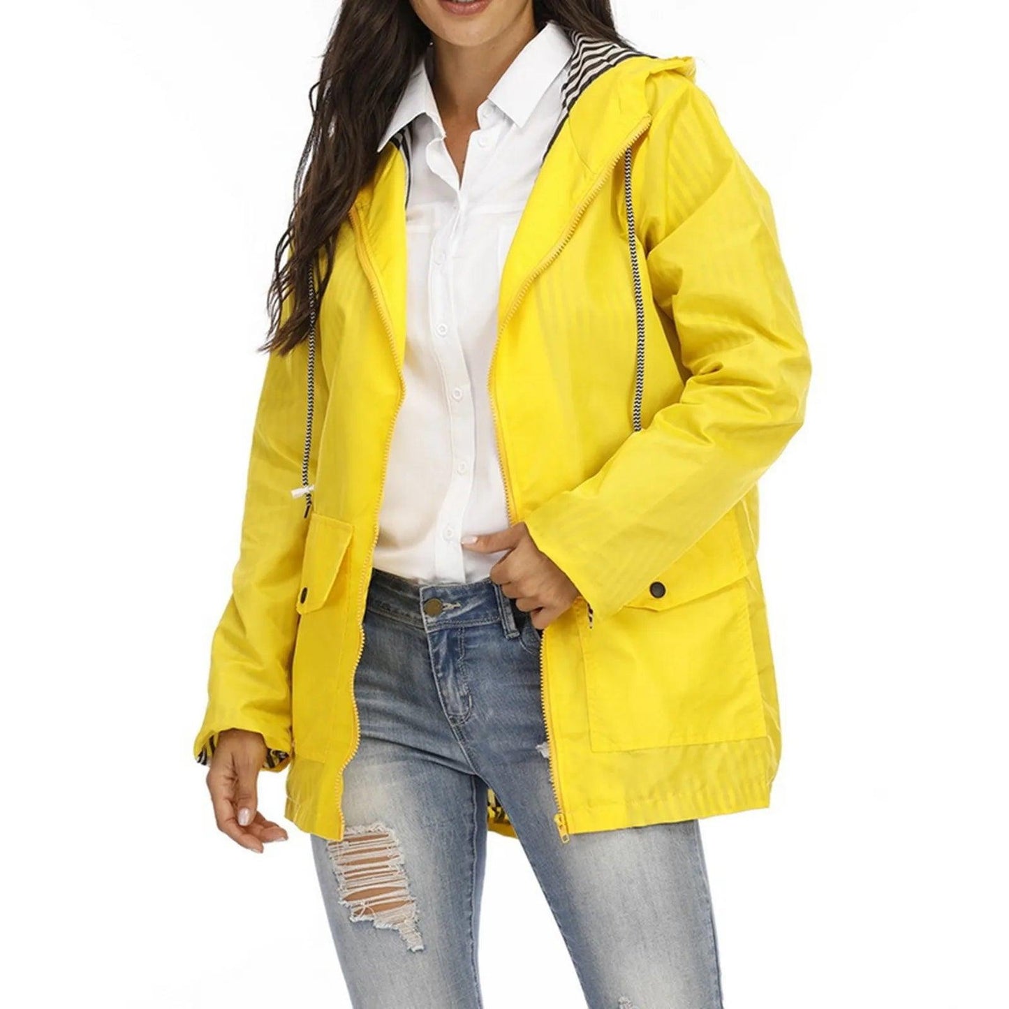 Women Solid Rain Jacket Outdoor Plus Size Hooded Windproof Loose Coat Women's Athletic Jackets - Torrster