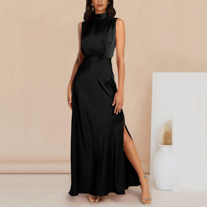 Summer Elegant Women Summer Long Formal Satin Dresses Mock Neck Sleeveless Side Slit Flowy Maxi Tank Dresses Woman Party Night - Torrster