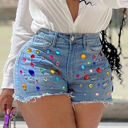 New Arrival Exquisite Rhinestone Beaded Denim Shorts Women High Waist Slimming Lift Butt Jean Shorts 2023 Trousers Summer Bottom - Torrster