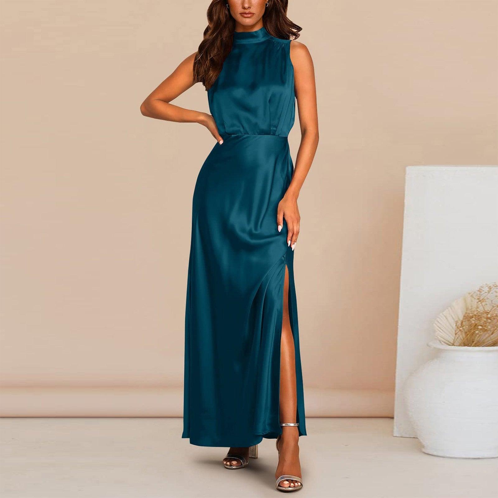 Summer Elegant Women Summer Long Formal Satin Dresses Mock Neck Sleeveless Side Slit Flowy Maxi Tank Dresses Woman Party Night - Torrster