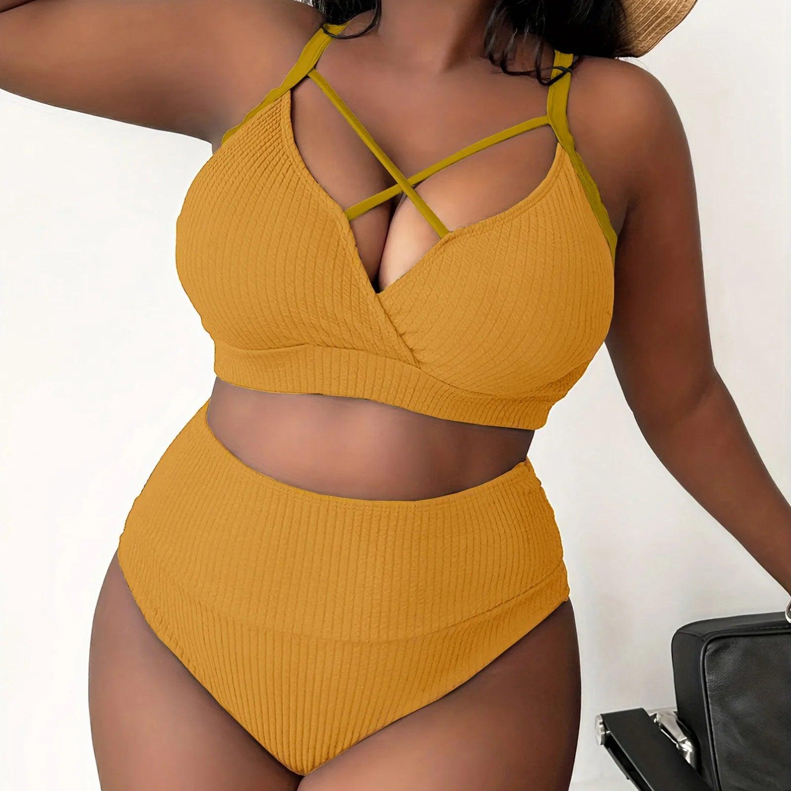 2024 Women'S Sexy Plus Size Bikini Set Solid Color High Waisted 2 Piece Women'S Swimsuit Bikini Woman 2024 Trend Push Up - Torrster