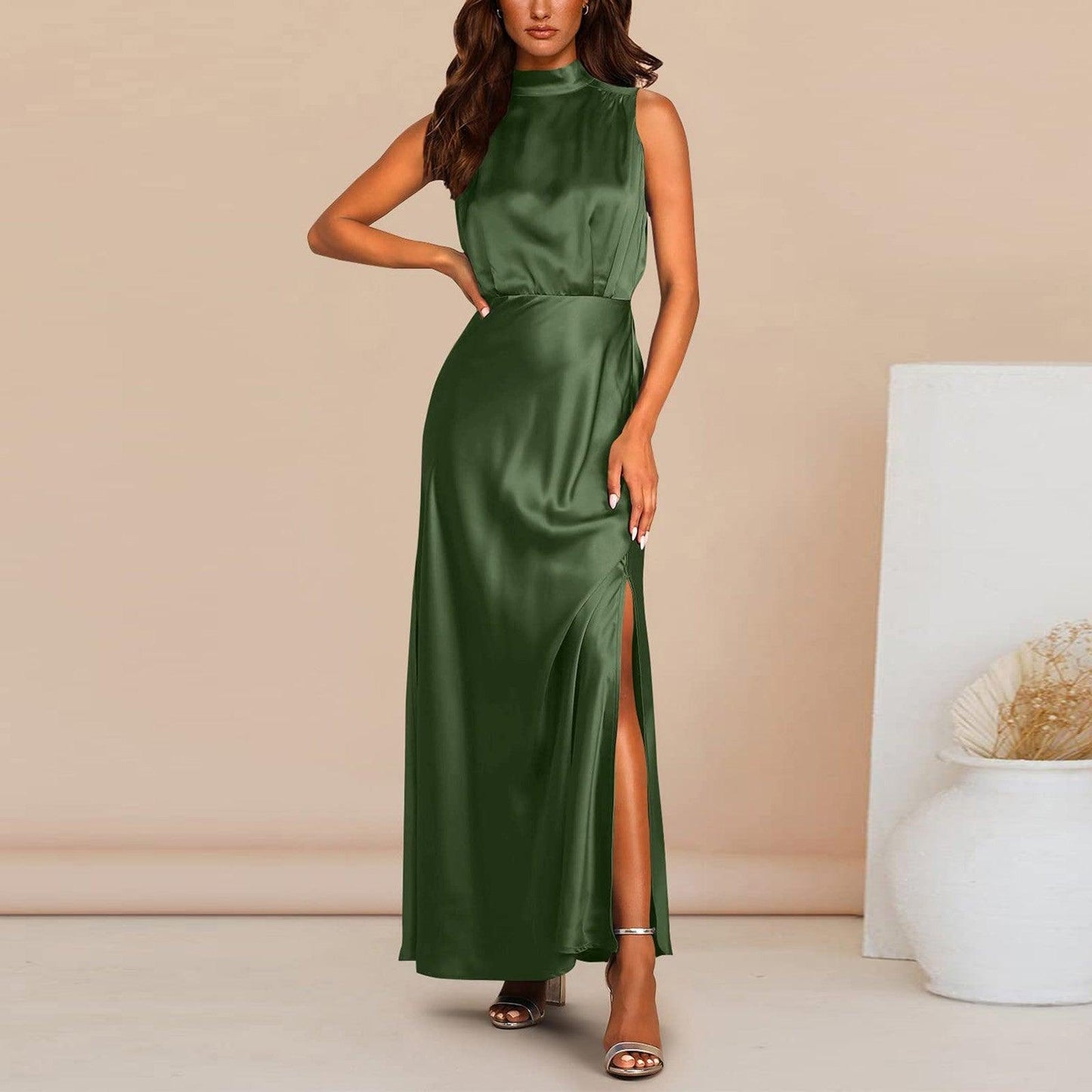 Summer Elegant Women Summer Long Formal Satin Dresses Mock Neck Sleeveless Side Slit Flowy Maxi Tank Dresses Woman Party Night - Torrster