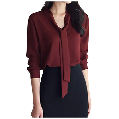 Female Elegant Shirt Women's Solid Color Long Sleeve Business Bow Ribbon Blouse Women Slimming Senior Sense Tunic Tops for Work - Torrster