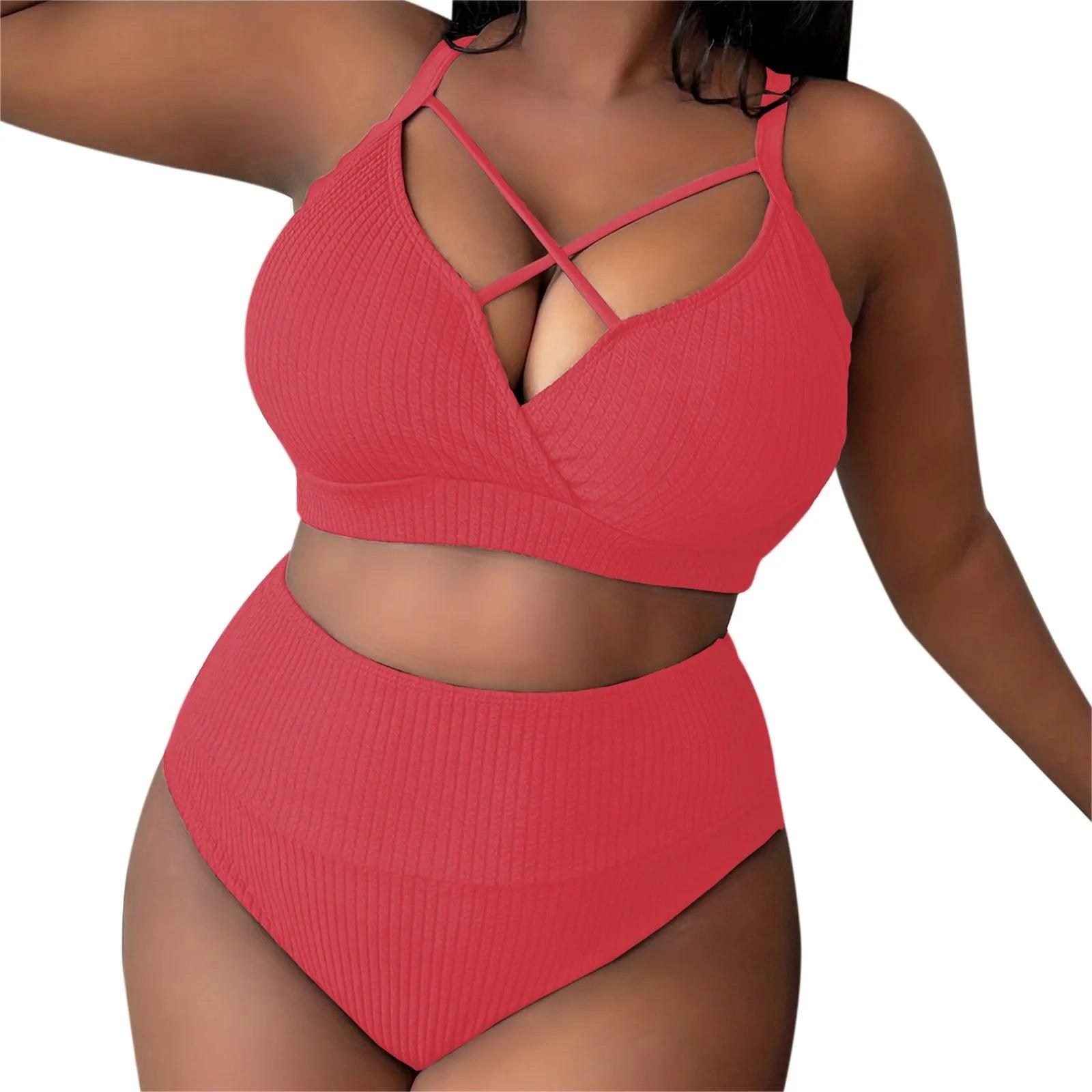 2024 Women'S Sexy Plus Size Bikini Set Solid Color High Waisted 2 Piece Women'S Swimsuit Bikini Woman 2024 Trend Push Up - Torrster