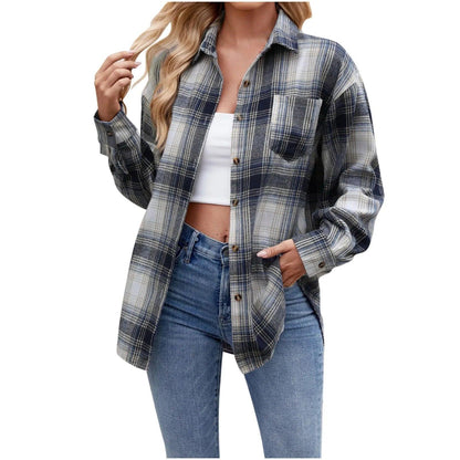 Jacket V Neck Top Women Lightweight Flannel Plaid Button Down Shirt Oversized Long Sleeve Bodycon Jacket Top Coats For Female - Torrster