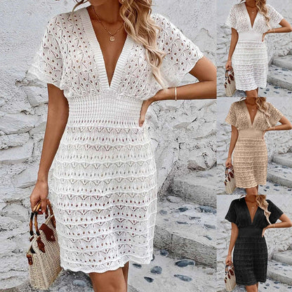 Womens Boho Summer Dresses Deep V Neck Short Sleeve Beach Dress Hollow Knitting Sundress Swimsuit Cover Up Dress - Torrster