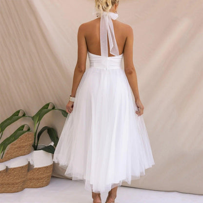 Sexy Halter Holiday Party Dress Women Off Shoulder Mesh Backless Pleated Dress White Vestidos Formal Wedding Gown Long Dress - Torrster