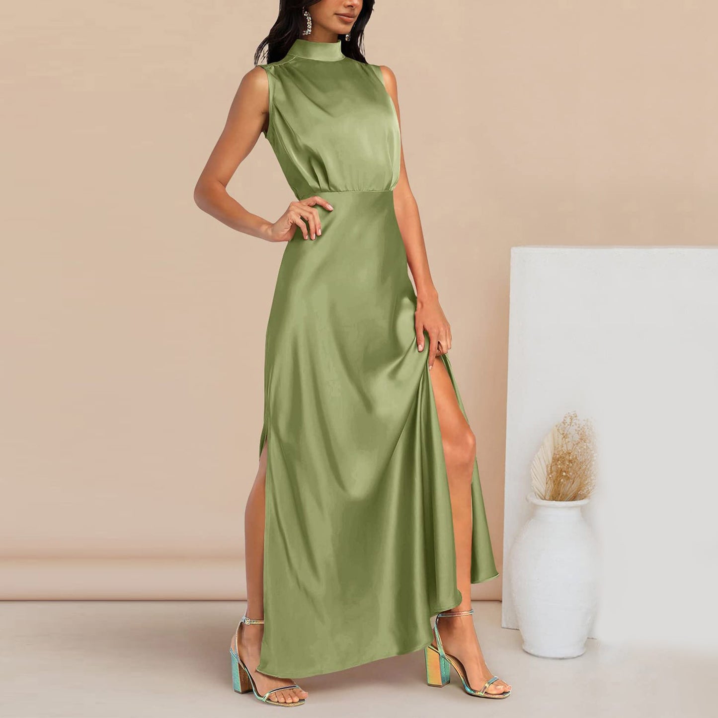 Summer Elegant Women Summer Long Formal Satin Dresses Mock Neck Sleeveless Side Slit Flowy Maxi Tank Dresses Woman Party Night