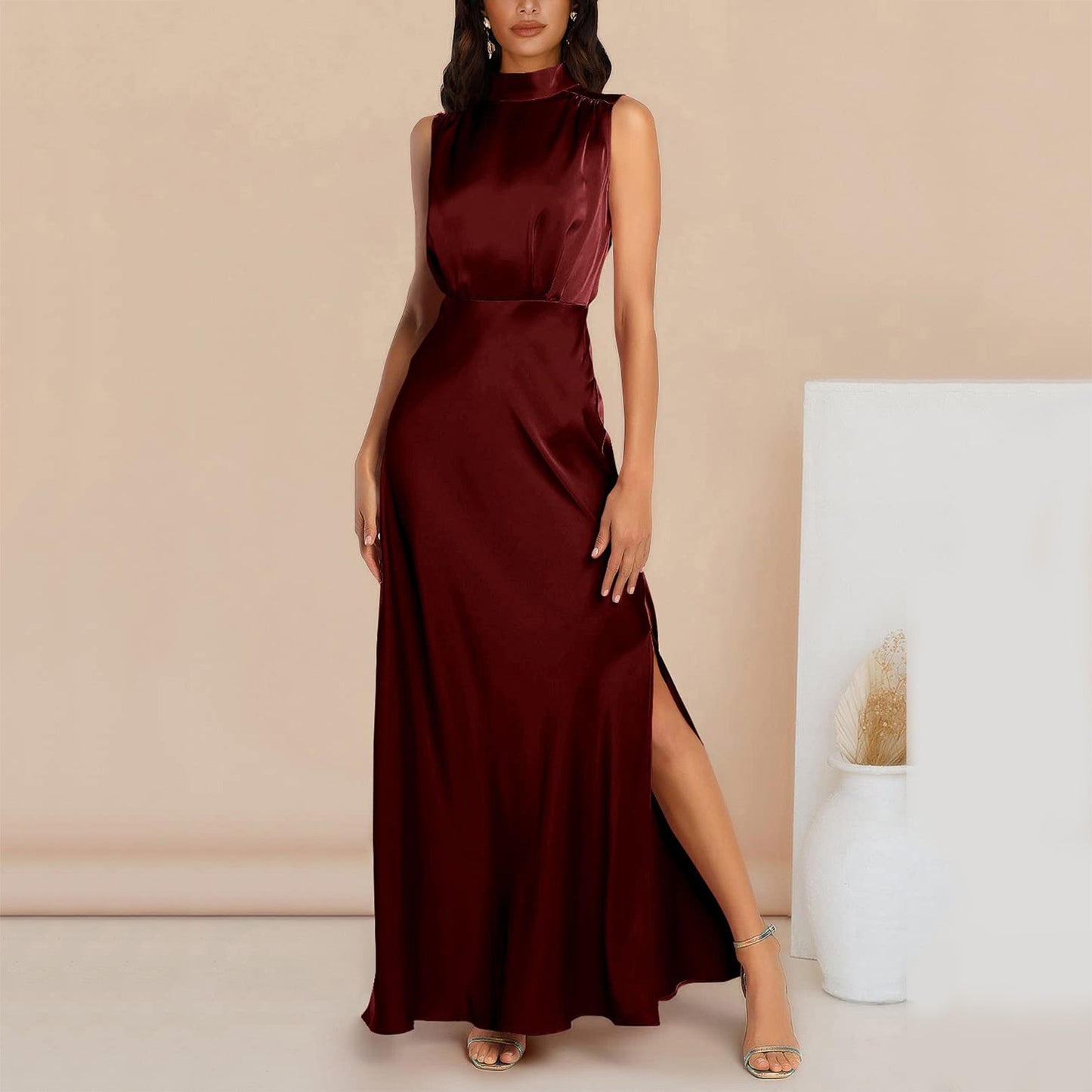 Summer Elegant Women Summer Long Formal Satin Dresses Mock Neck Sleeveless Side Slit Flowy Maxi Tank Dresses Woman Party Night