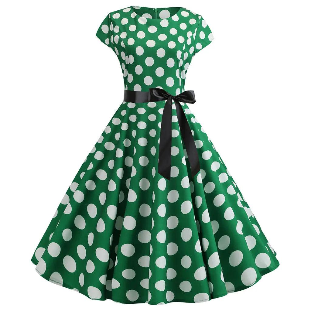 Women Vintage 1950s 60s Polka Dot Print High Waist A-line Swing Party Dress Retro Short Sleeve With Belt Evening Prom Dress - Torrster