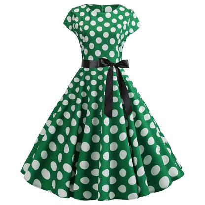 Women Vintage 1950s 60s Polka Dot Print High Waist A-line Swing Party Dress Retro Short Sleeve With Belt Evening Prom Dress - Torrster