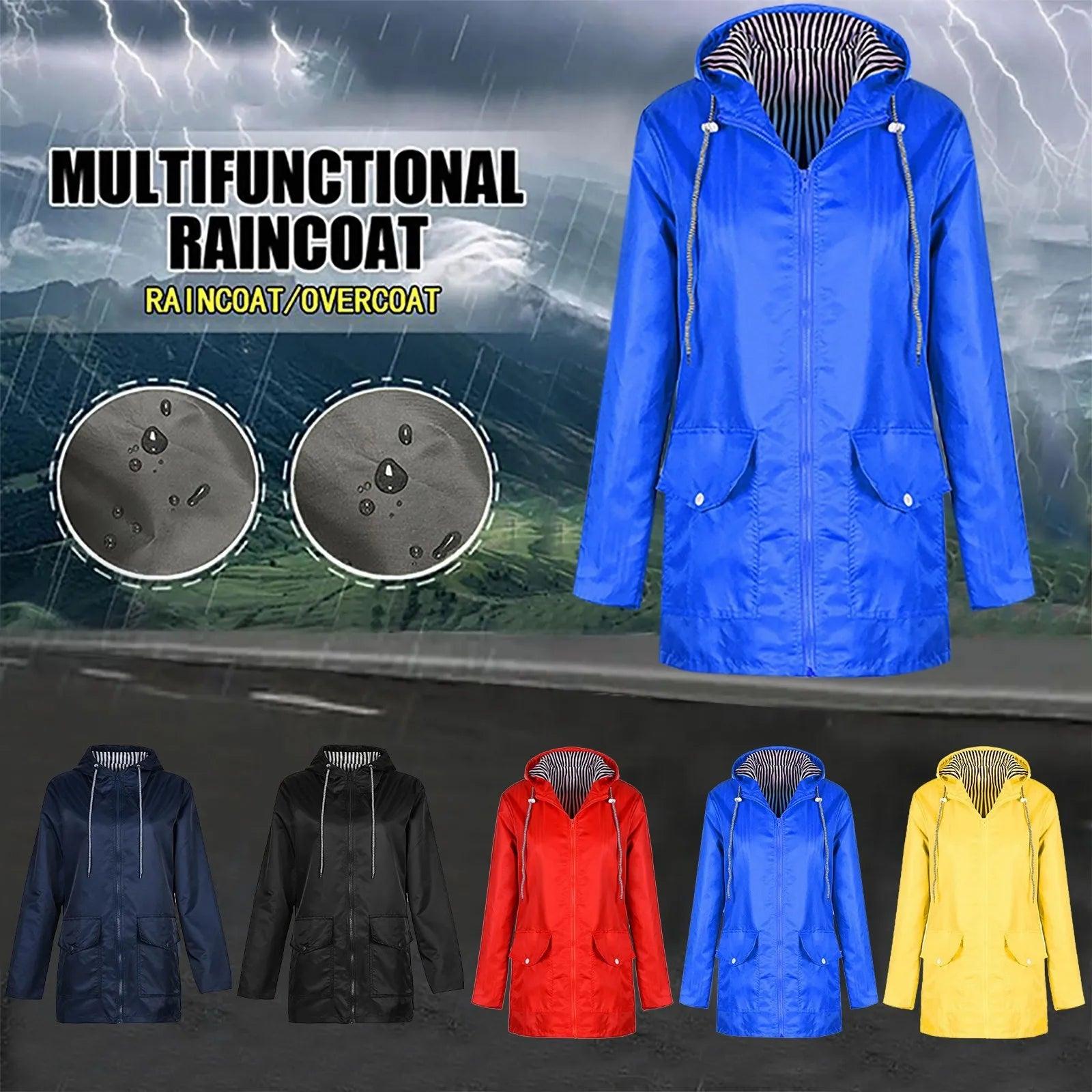 Women Solid Rain Jacket Outdoor Plus Size Hooded Windproof Loose Coat Women's Athletic Jackets - Torrster