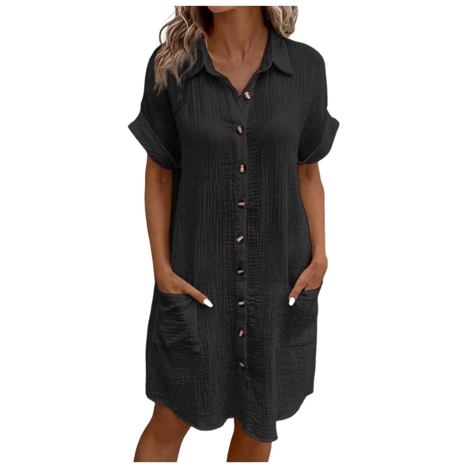 Women Casual Blouse Dress Single Breasted Simple V Neck Button Linen Dress With Pocket Loose Large Size Shirt Dress - Torrster