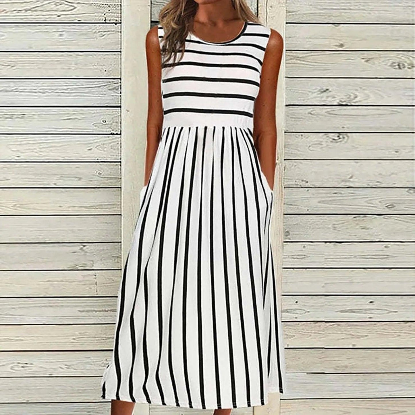 Womens Dresses Women Fashion Casual Striped Print Round Neck Sleeveless Pocket Long Dress Vestidos De Fiesta Elegantes 2024 - Torrster