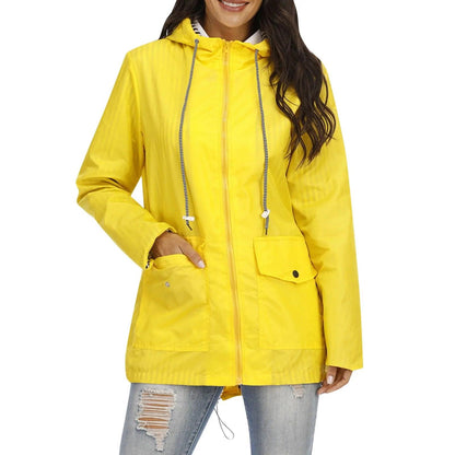 Women Solid Rain Jacket Outdoor Plus Size Hooded Windproof Loose Coat Women's Athletic Jackets - Torrster