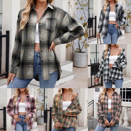 Jacket V Neck Top Women Lightweight Flannel Plaid Button Down Shirt Oversized Long Sleeve Bodycon Jacket Top Coats For Female - Torrster