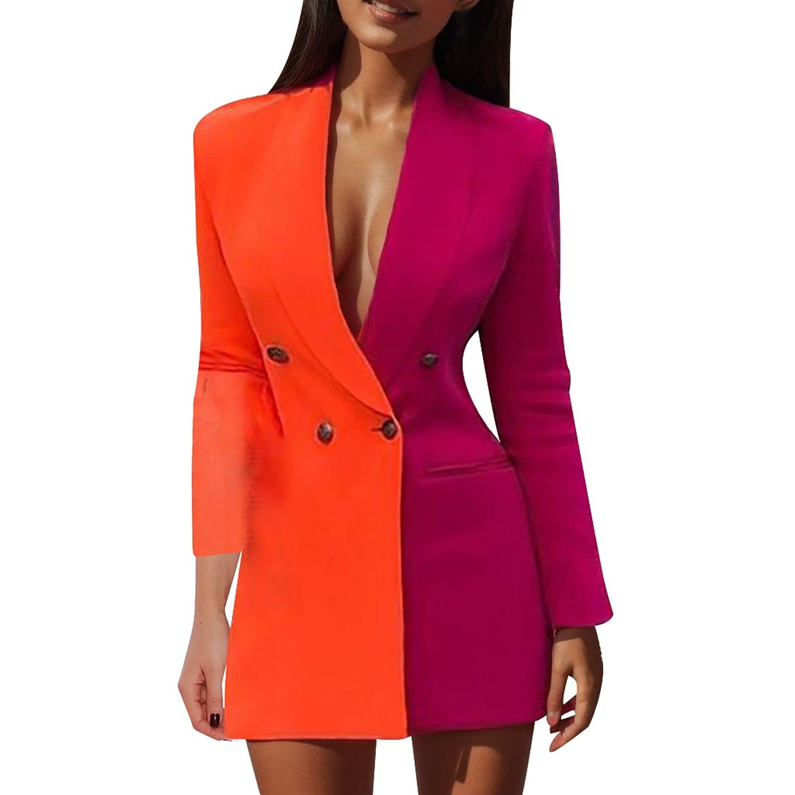 Colorblock Patchwork Suit Jacket Dress Coat V Neck Fashion Coat Long Sleeve Double Breasted Women'S Coat Winter Jacket For Women - Torrster